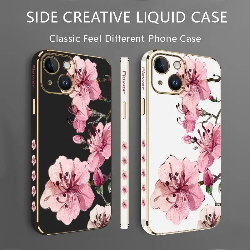 Ink Peach Blossoms Luxury Plating Phone Case For iPhone 14 13 12 11 Plus Pro Max Mini X XR XS SE2020 8 7 6 6S Plus Cover