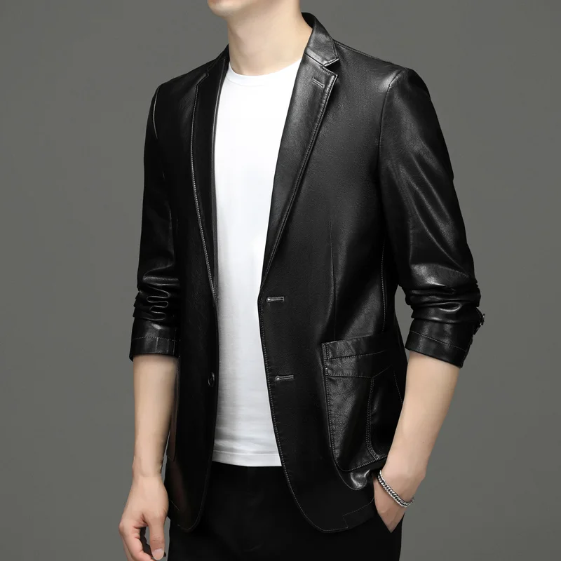 Leather Collar Leather Suit Jacket Casual Leather Coat Men's Blazer 2023 Spring and Autumn New Mens Jacket