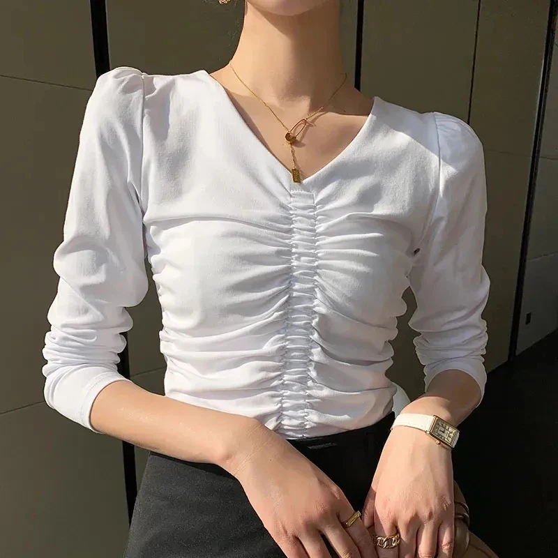 

Autumn 100% Cotton Folds V Neck Women Shirts Fashion Korean Slim Long Sleeve T Shirts Solid Elegant All Match Bottoming Blouse