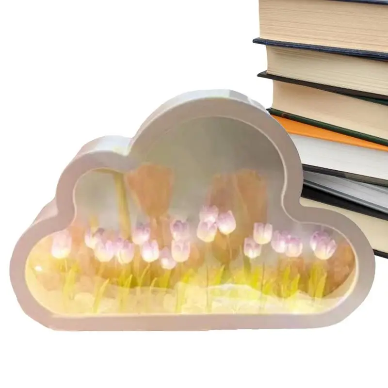 

Cloud Mirror Lamp 2 In 1 High Simulation Tulip Desk Lamp Decor Mirror Cloud DIY Desktop Ornaments LED Bedside Lamp Home Decor