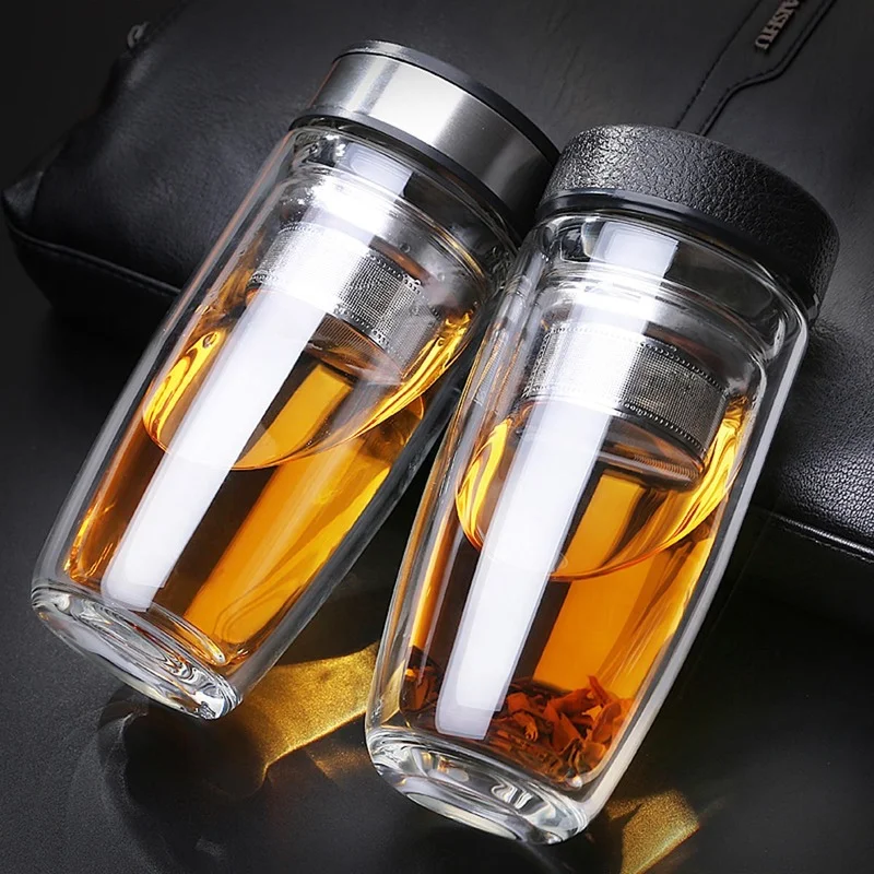 

400ML Double Wall Glass Tea Tumbler Water Bottle with Filter Infuser Travel Mug