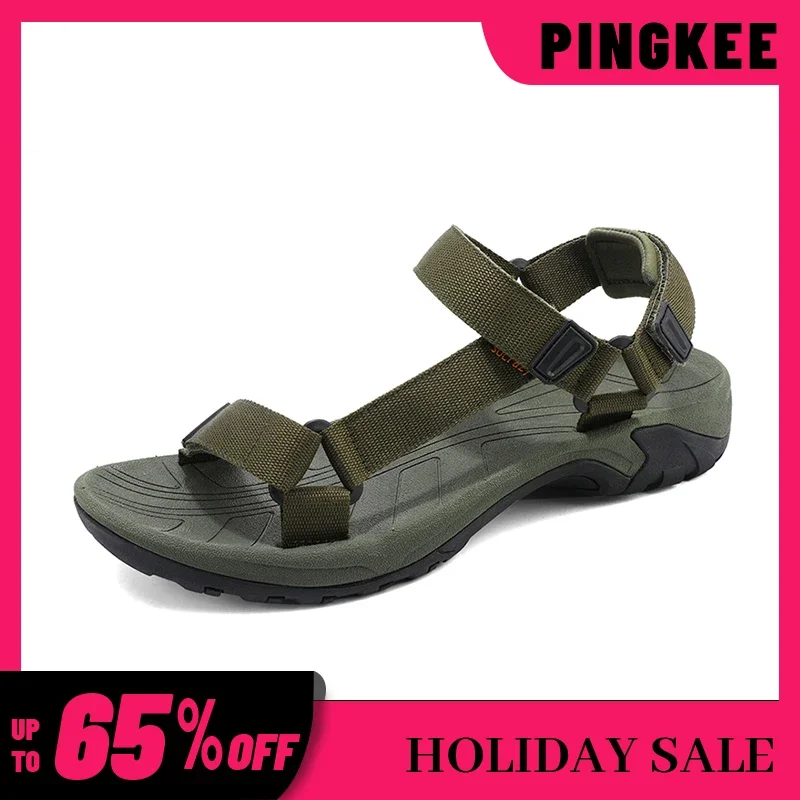 

Fabric Upper Adjustable Hook And Loop Closure Round Open Toe Sandals Leather Male Sandal Classic Summer Slip on Flat Men's Shoes