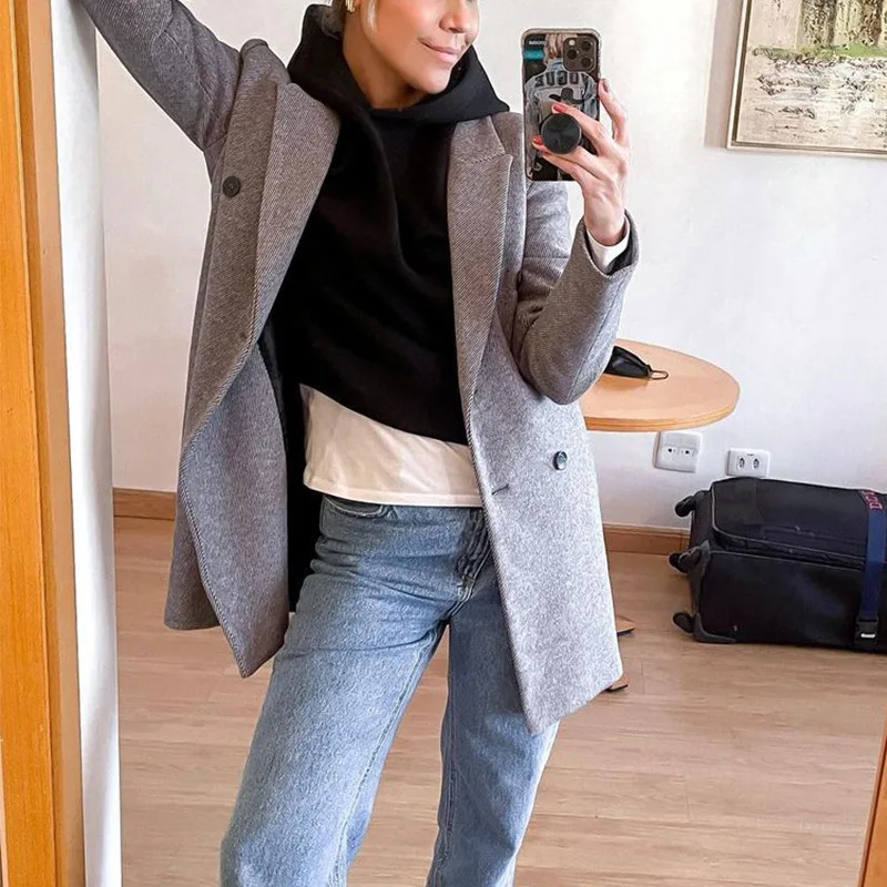 

Fall/Winter 2021 New Women's Pure Color Elegant Office Loose Temperament Fashion Casual Suit Collar Mid-length Woolen Jacket