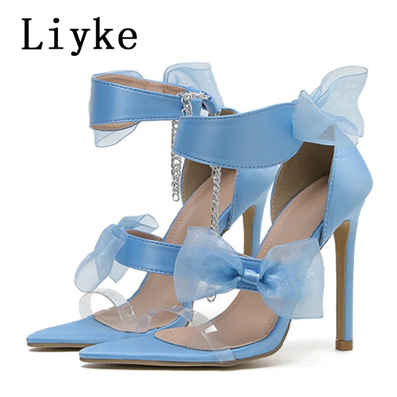 

Liyke Elegant Satin Bowknot Blue Womens Sandals Summer Pointed Open Toe Thin High Heels Ankle Strap Transparent Shoes Size35-42