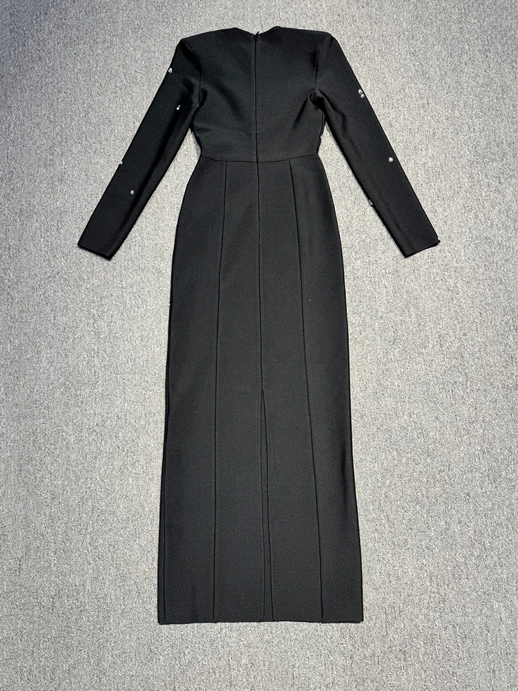 Sexy O Neck Long Sleeve Diamonds Bandage Dress Women Black Rhinestone Beaded Bodycon Dresses Evening Party Gowns