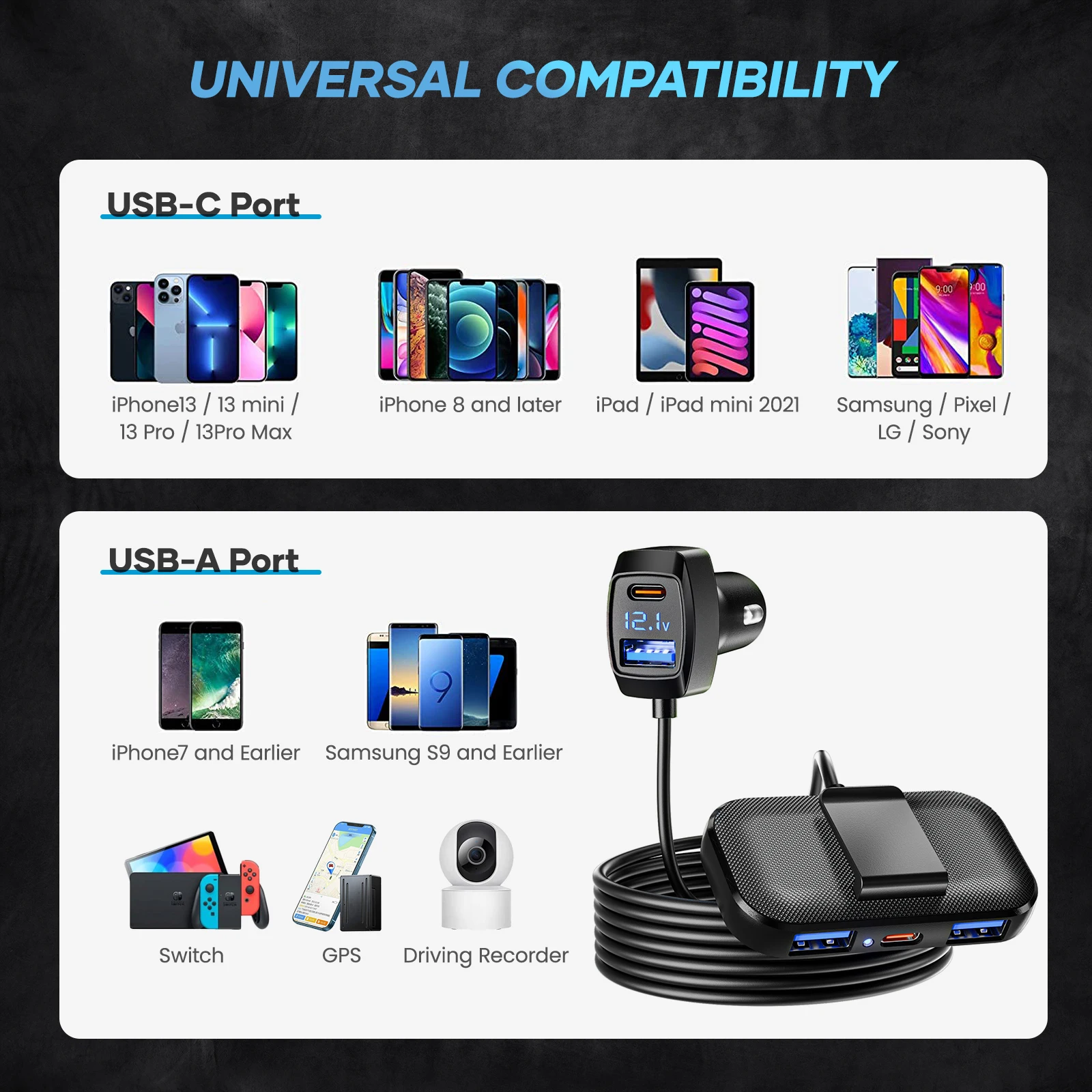 Зарядное устройство LENCENT автомобильное с 5 портами типа C и кабелем футов |