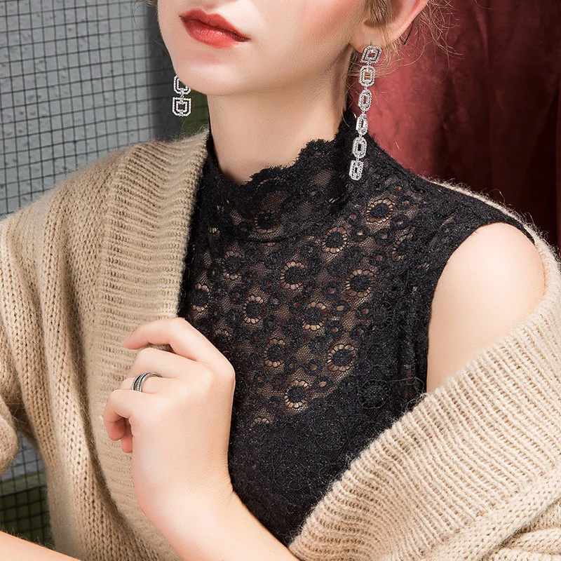 

#5423 Black White Women Clothing Sleeveless Tshirt Stand Collar Women's T-shirt Lace Printed Mesh Woman Top Autumn Winter Top