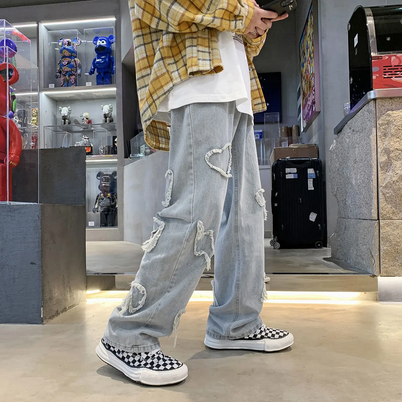 High Street Hip Hop Men's Y2K Fashion Clothes Embroidery Baggy Wide Leg Jeans Love Straight Trousers Streetwear Pants For Men