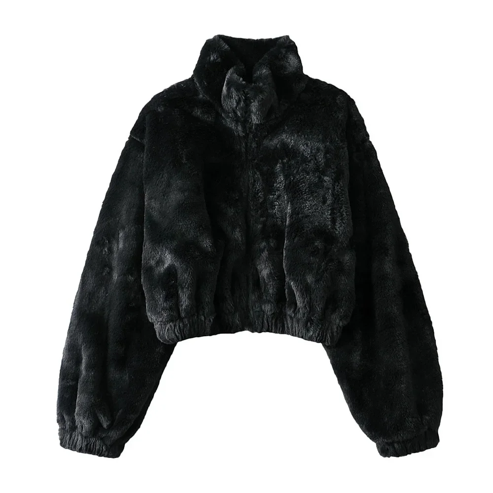 ICCLEK  loose imitation fur coat women's autumn and winter thickened half high collar zipper short jacket warm top