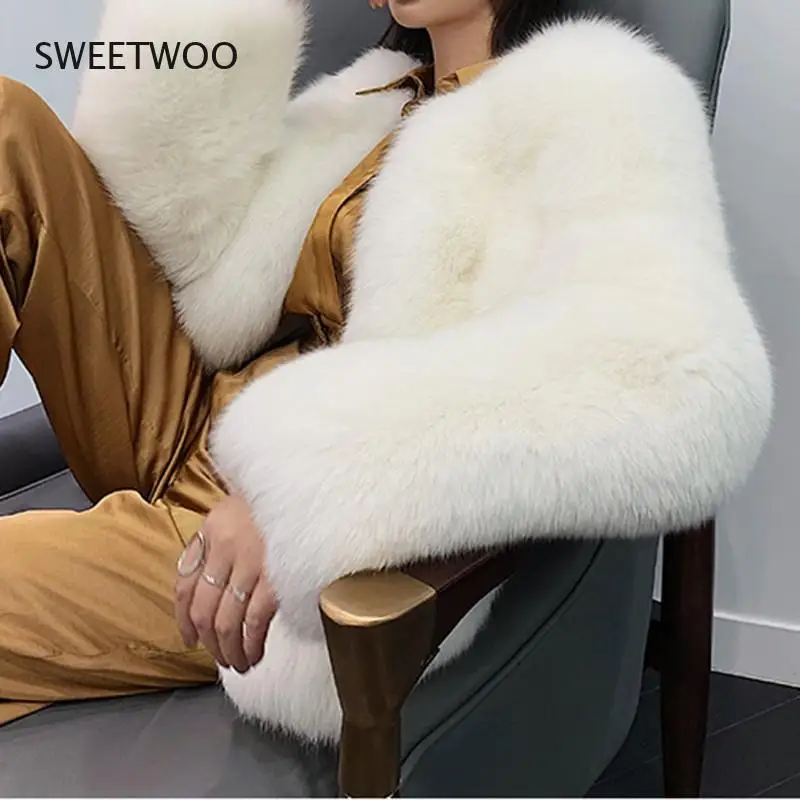 High Quality Faux Fox Fur Coat Women Winter Warm Long Sleeves Thick Fur Jacket Coat Female 2021 New Fashion Elegant Tops Slim