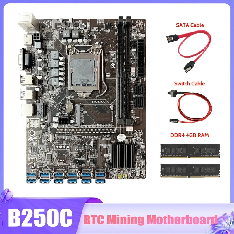 

Материнская плата AU42 -B250C для майнинга BTC + 2X DDR4 4 ГБ ОЗУ + кабель SATA + кабель переключения 12X PCIE на USB3.0 слот GPU LGA1151 материнская плата для майнинга