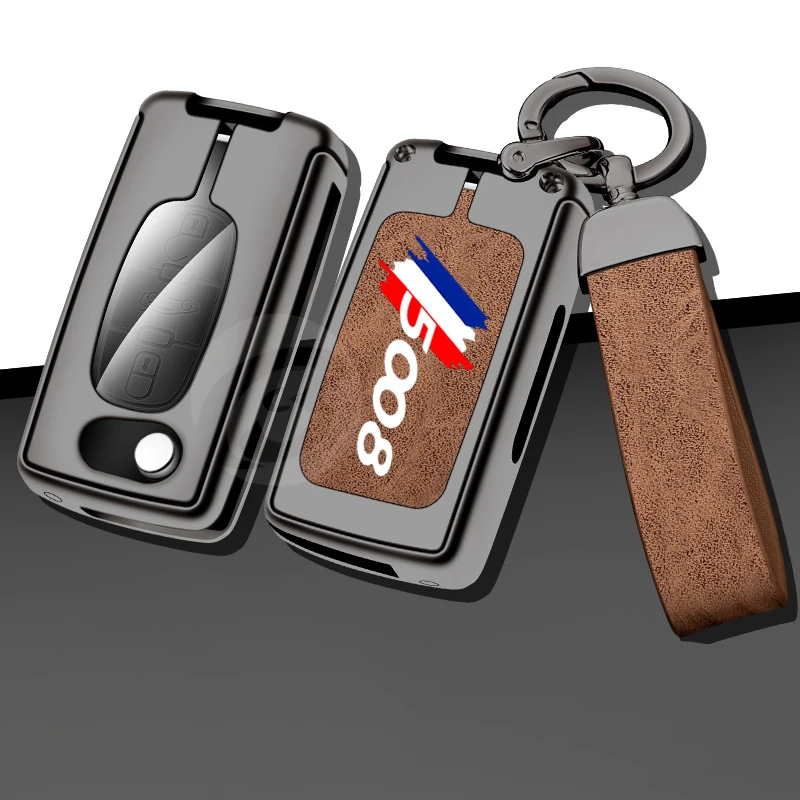 

New Leather Zinc Alloy Car Key Case Cover For Peugeot 5008 Accessories Holder 2/3 Buttons Keychain Keybag Keyring Protection