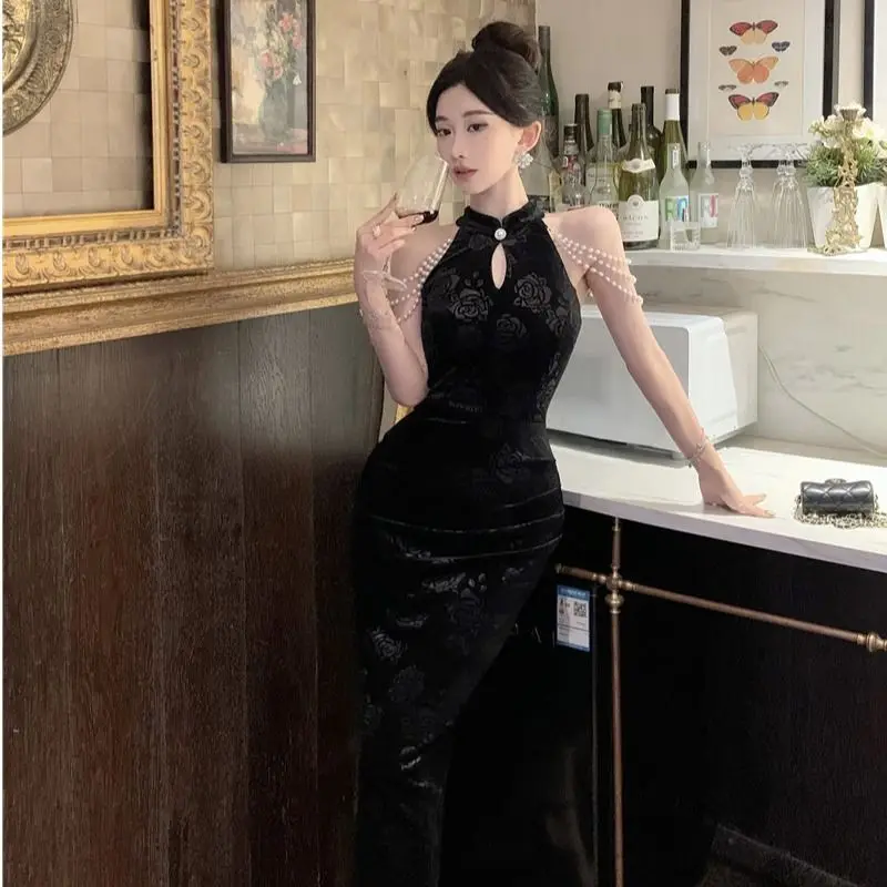 Винтажное черное тонкое современное китайское платье Cheongsam с жемчугом, бархатное платье в стиле ретро, длинное Ципао, готическое женское эстетичное вечернее платье (art.: 3920cd364e736) - 3920cd364e736