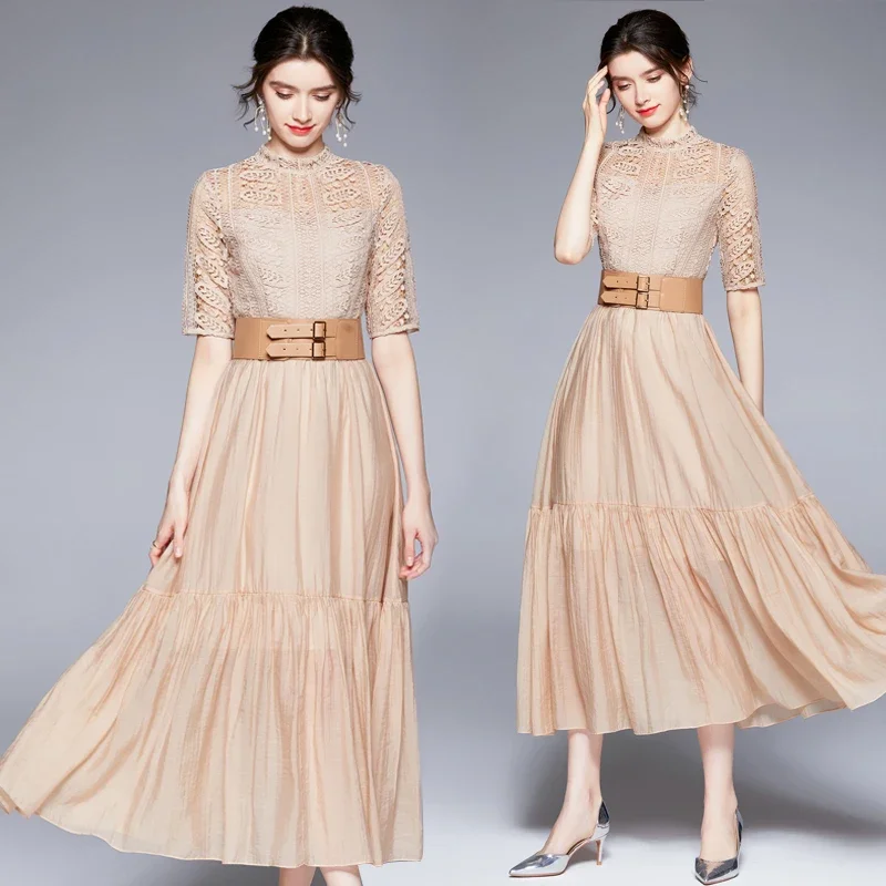 

Attractive Women Turtleneck Lace Dress French Elegant & Fashion With Belt Large Size Dress Luxury Long Dresses for Evening Party