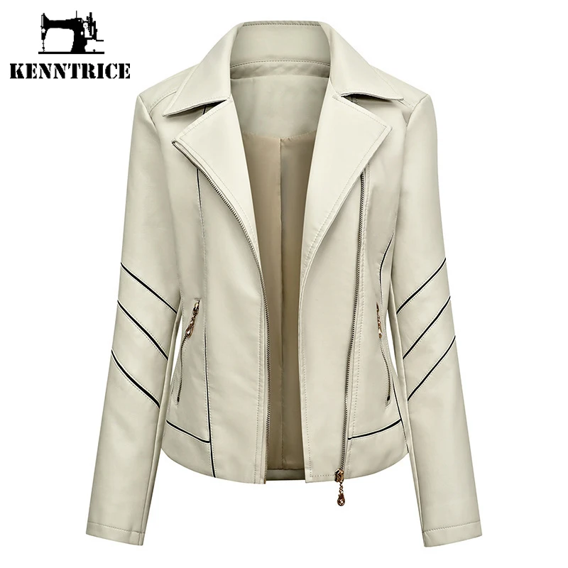 Kenntrice Women's Biker Jacket 2022 Spring Autumn Oversize Coat Thin Slim Fit Stylish Lady Comfort Wear PU Faux Leather Overcoat