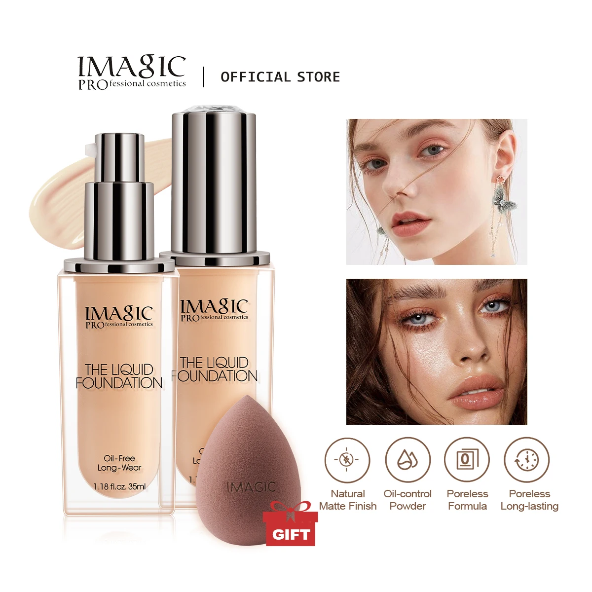 IMAGIC 5-Color Face Liquid Foundation Base Full Coverage Oil-Control Long Wear Smooth Lightweight Natural Cover Waterproof Matte