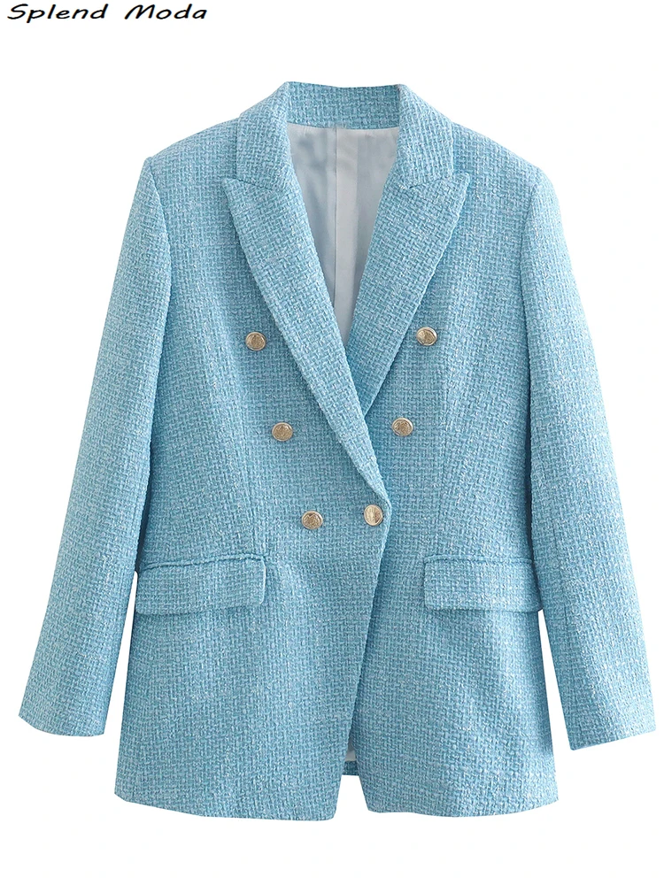 

2022 Za Women Fashion Office Lady Style Tweed Double Breasted Blazers Casual Chic Lapel Collar Pockets Blazer Coat Outwear