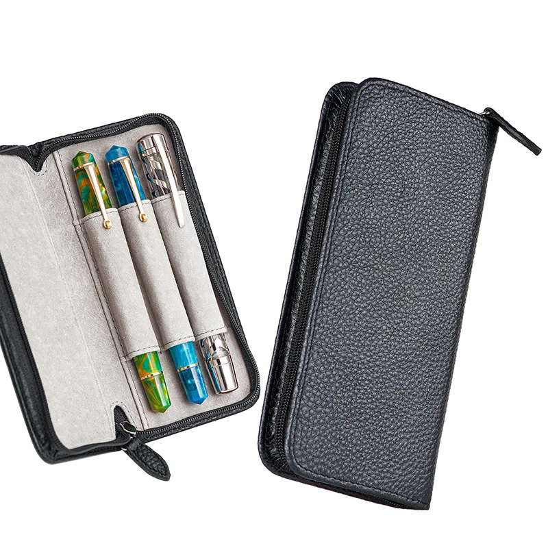 Leather Pencil Case 3 Pen Storage Case Simple Zipper Portable Stationery Protective Pen Bag