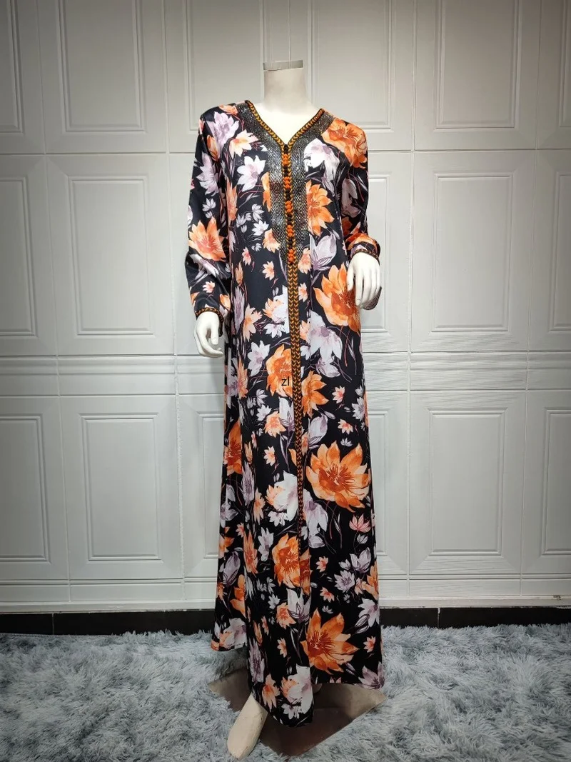 Elegant Muslim Abaya Women Dress India Turkey Abayas Eid Mubarak Long Sleeve Print Moroccan Kaftan Caftan Lady Musulman Vestidos