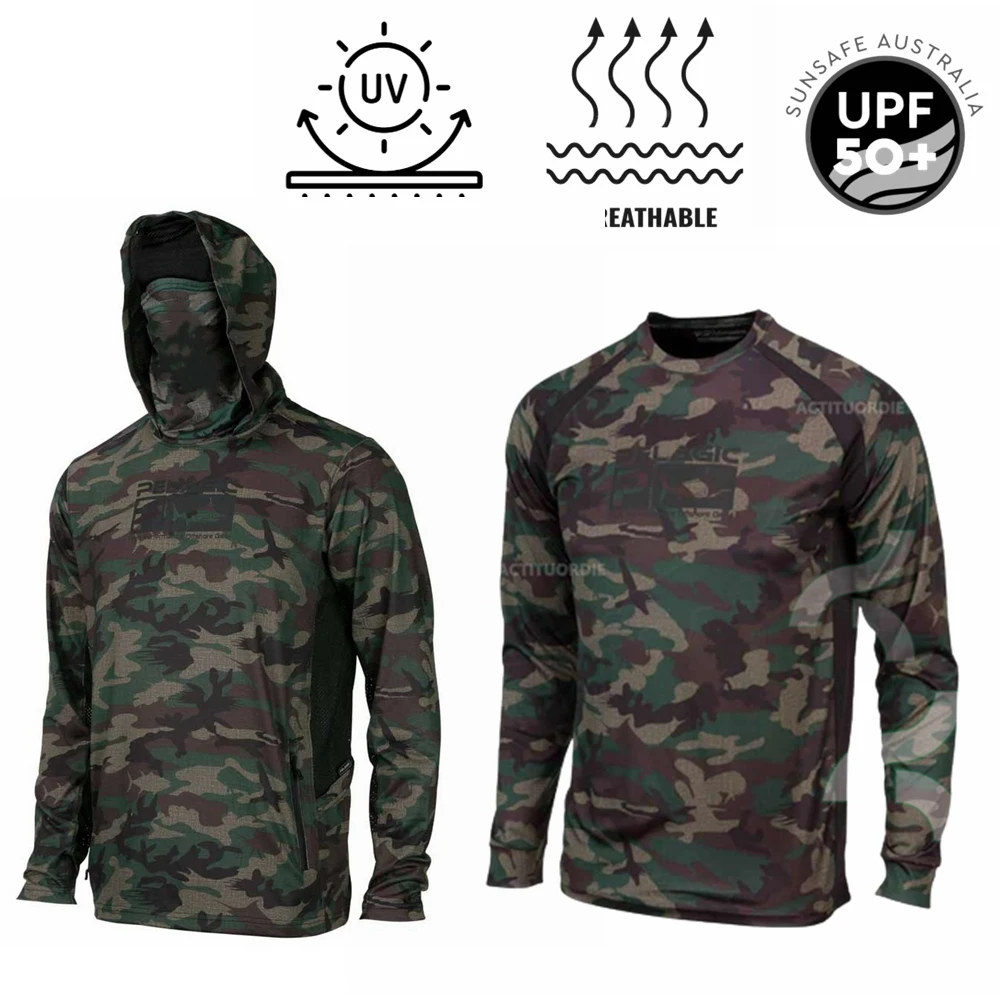 

PELAGIC Fishing Shirt Camouflage Long Sleeve T-shirt Men Sun Protection Fishing Clothes Outdoor Hooded Face Mask Fishing Jersey