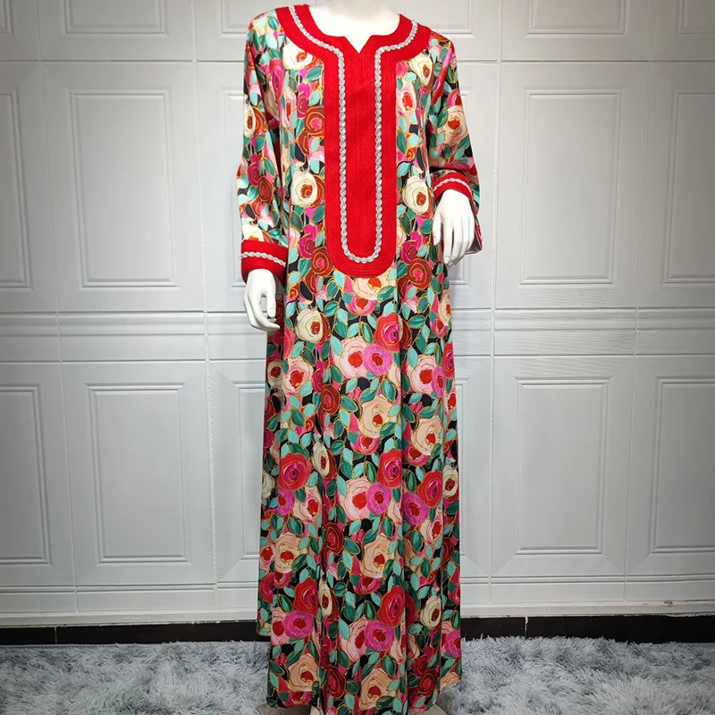 Jalabiya Muslim Dress Women Full Sleeve Ankle Length Robes Autumn New Floral Print Elegant Islam Abaya Muslim Party Long Dress