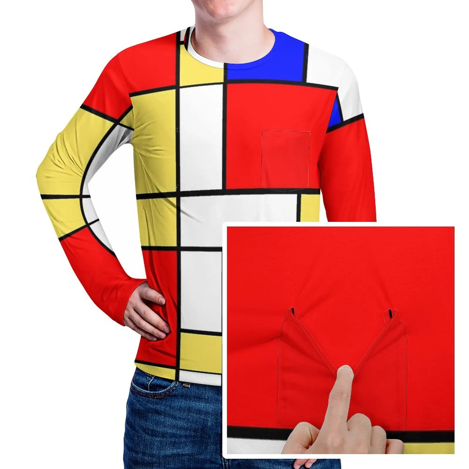 

De Stijl T-Shirt Male Mod 60s Mondrian Style Aesthetic T-Shirts Autumn Trending Tees Long Sleeve Pattern Oversize Tops