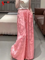 oversized wide leg pink trousers 2022 spring new european womens jacquard elastic waistband slimming high waisted trousers