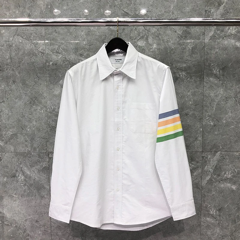 TB THOM Men's Shirt Fashion Top Brand Multicolor 4-Bar Stripes Casual Oxford Fabric Slim Long Sleeve High Quality Women's Shirts