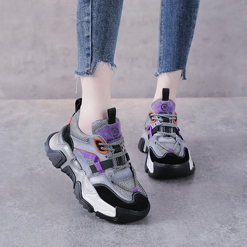 Autuspin 4.5cm Chunky Cross-Tied Sneakers Women Summer Autumn Handmade Cow Leather Casual Vulcanized Shoes Students Woman Retro