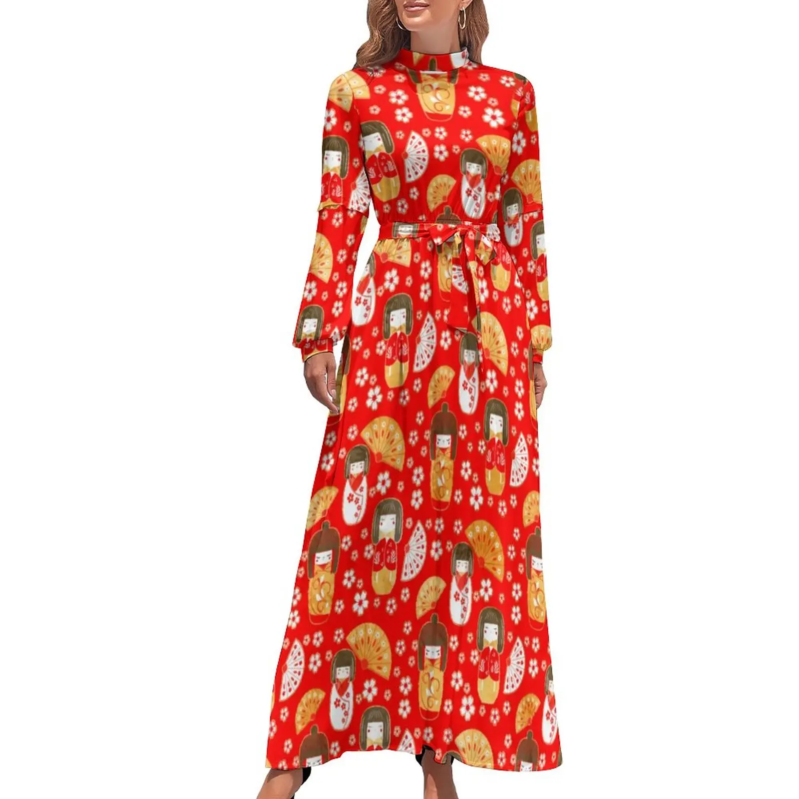 

Japanese Anime Dress Dolls Kokeshi Print Elegant Maxi Dress Korean Fashion Beach Long Dresses High Waist Pattern Vestido