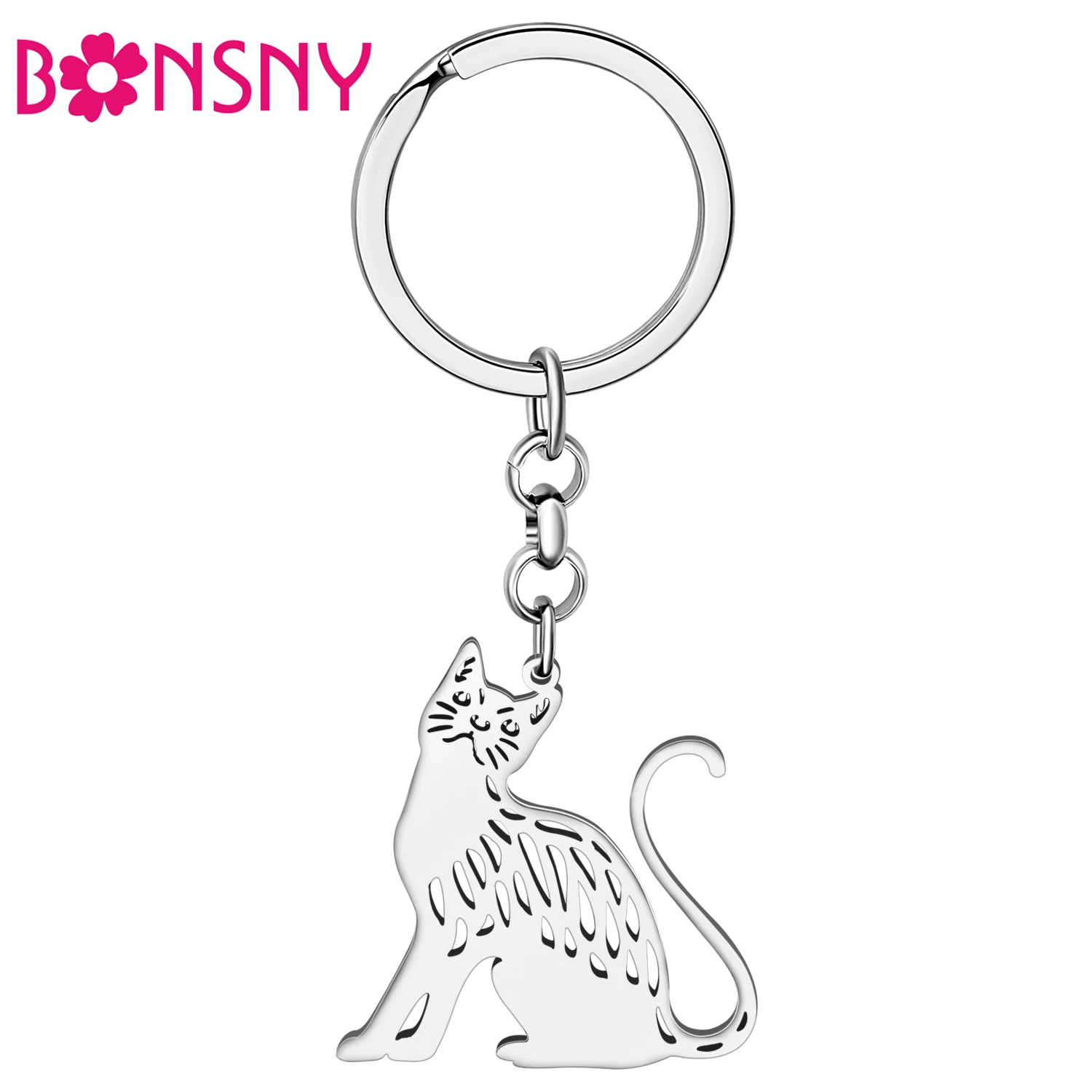 

Bonsny Stainless Steel Silver-plated Cute Sitting Cat Keychains Sweet Pet Animals Keyring Key Chains For Women Bag Charms Gifts