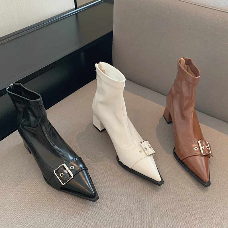 

Женские полусапожки на среднем каблуке, Черные ботильоны с острым носком, на молнии, в Корейском стиле, на резиновой подошве, 2022