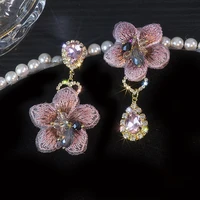 earrings for women 2022 pink embroidery flowers lace edge earrings inlaid rhinestones unique temperament tassel short jewelry