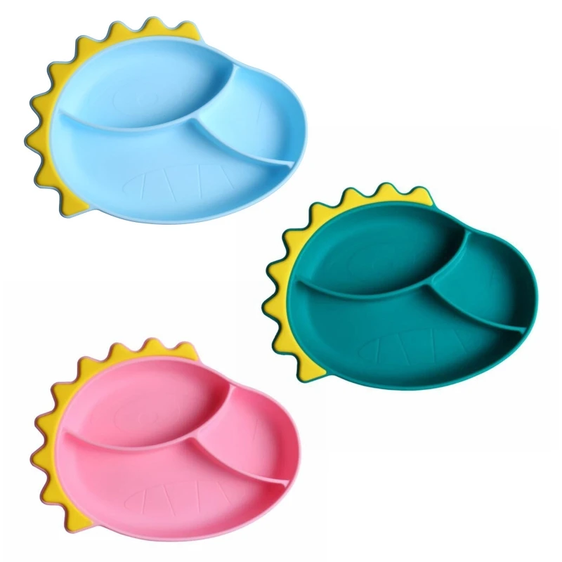 

Baby Training Feeding Food Bowl Cartoon Dinosaur Silicone Suction Divided Plate