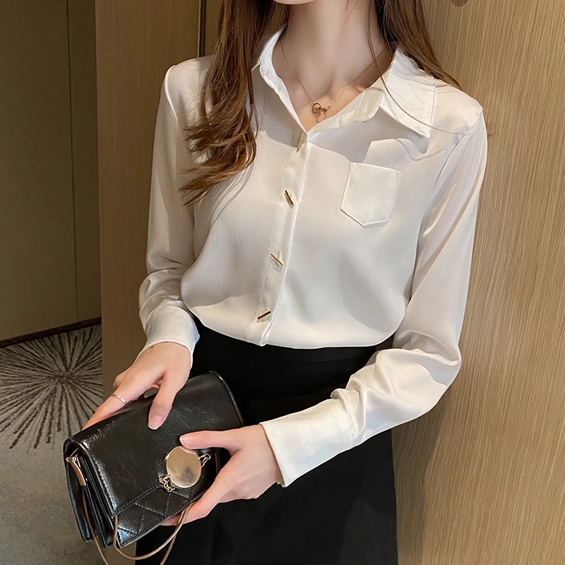 

COIGARSAM Shirt Womens Tops Spring New Office Lady Long Sleeve Solid Single Breasted Straight White Women Shirts Dropshipping