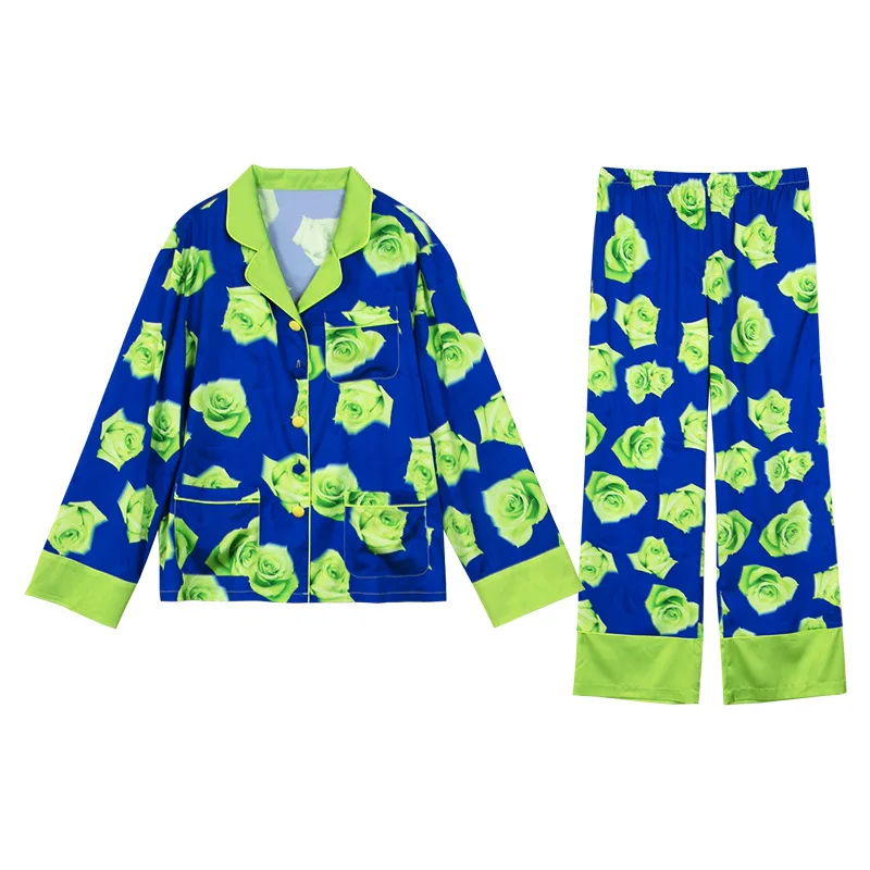 2022 new green rose high-end ice silk long-sleeved pajamas set  two piece set summer pajama set women