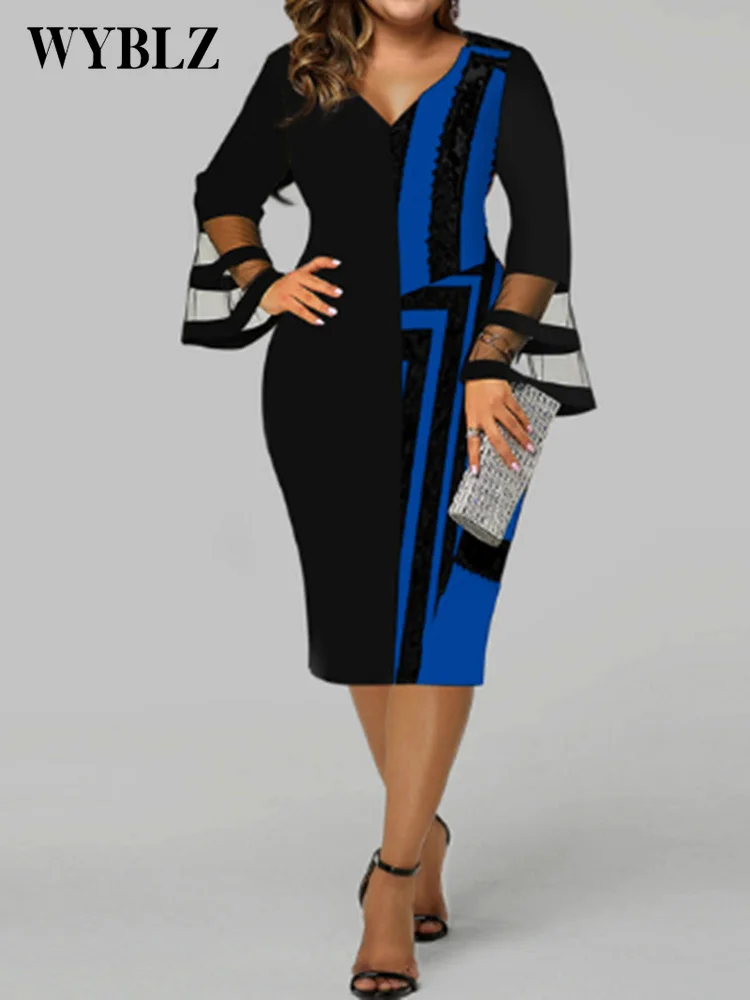 WYBLZ Plus Size Dresses for Women 4xl 5xl Digital Printing Screen Splicing Large Women's Bag Hip Dress Elegant Midi Party Dress