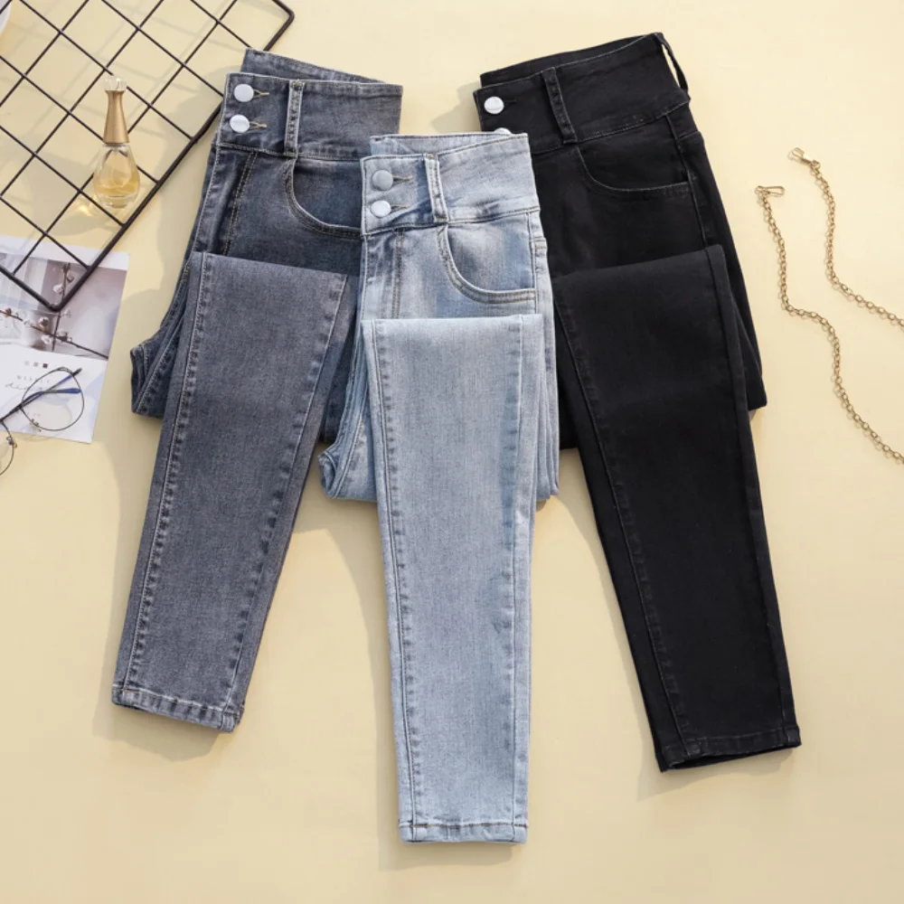 

Len Buck Large Size High Waist Jeans 2022 Ladies Spring Double-breasted Cropped Trousers Stretch Retro Ladies Denim Pants