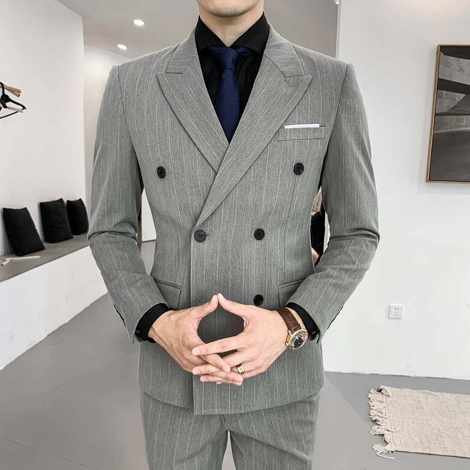 

2021 Newest men's fashion business casual double breasted slim suit men stripe groom wedding tuxedo dress party suit male 3 PCS