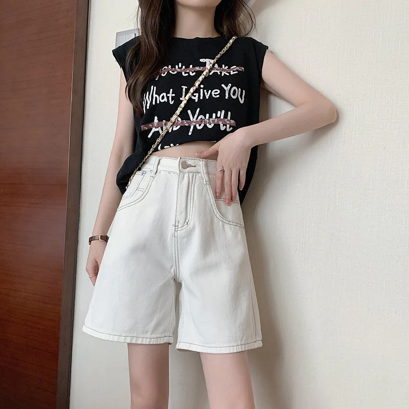 

Summer Women Fashion Light Blue Wide-Leg Hot Shorts High Waist Slim A-Line Denim Shorts White Plus Size Casual Straight Jeans