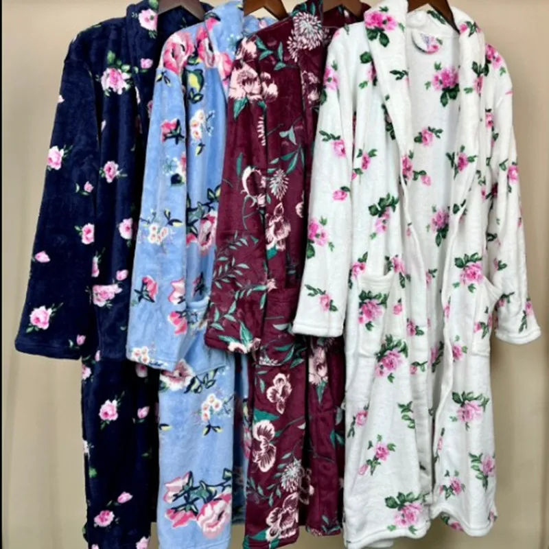 Women's Robe Flannel Nightgown In Winter Thickening Soft Warm Garden Flower Pajamas Nightdress
