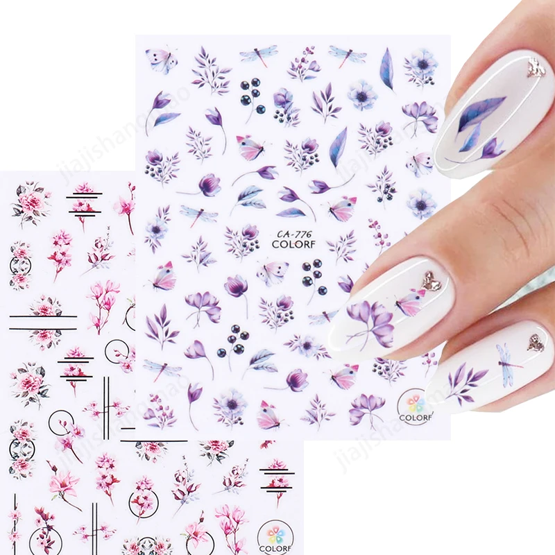 

Spring Summer Purple Pink Flowers Purple Cherry Blossoms Nail Art Stickers Geometry Leaf Decoration Nail Design Gel Polish