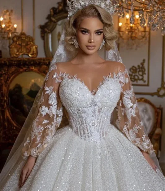 Retro Shinny A Line Wedding Dresses Sequins Lace Applique Dress Illusion Neck Long Sleeves Bodice Bridal Gowns Vestidos De Novia
