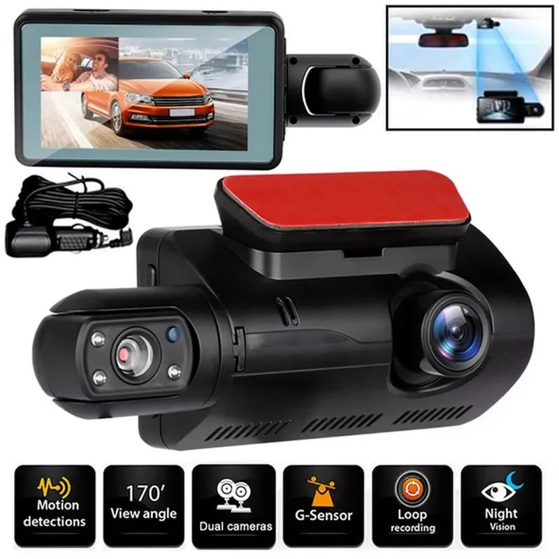 

NEW Inch Car Driving Recorder Front and Rear Dual Lens Camera Wide Angle DVR IPS Screen Car Parking Night Sight HD1080P DashCam