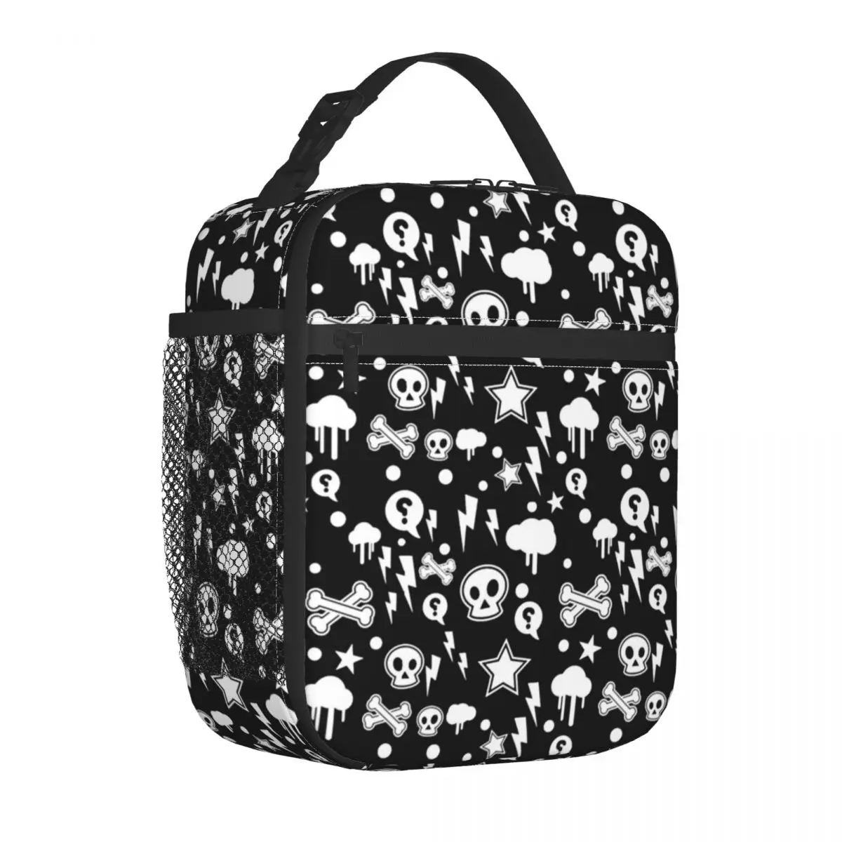 

Cartoon Gothic Lunch Bag with Handle Funny Skull And Bone Fancy Mesh Pocket Cooler Bag Zipper Beach Meal Thermal Bag