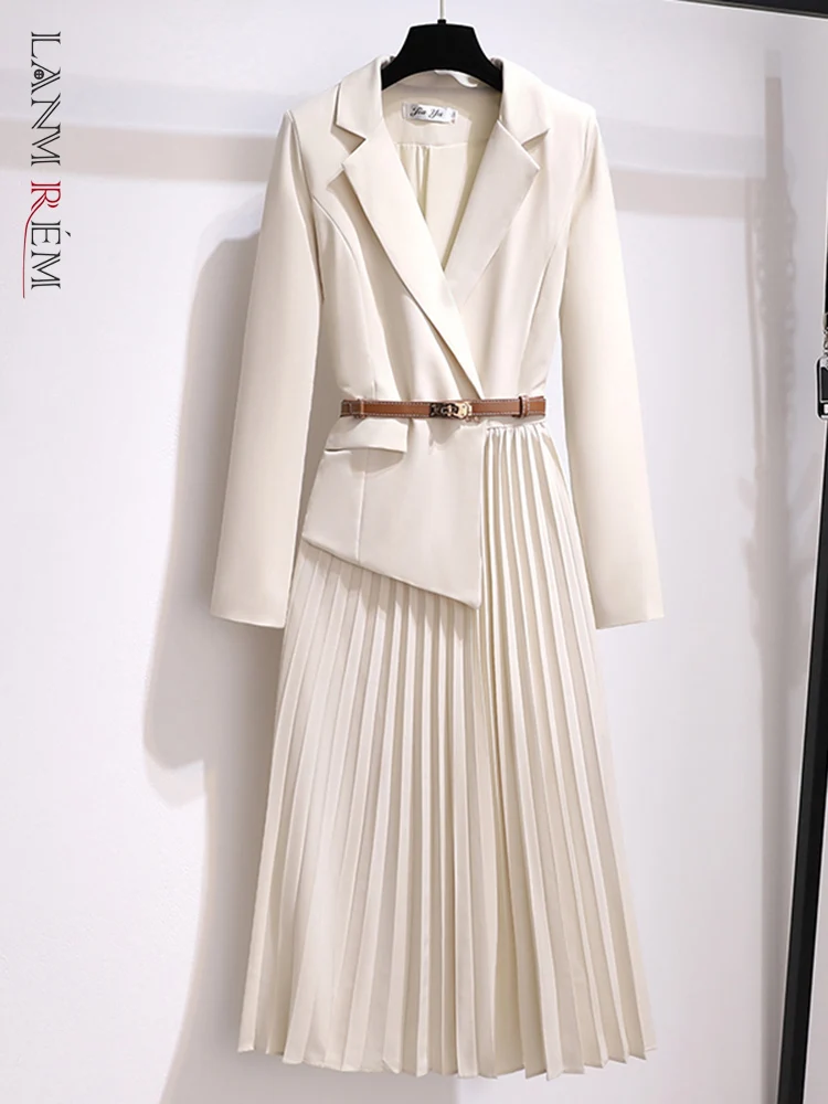 LANMREM Korean Leather Belt Dress For Women High Waist Long Sleeves Spliced Slim Office Lady Clothing 2023 Spring New 2YA1553