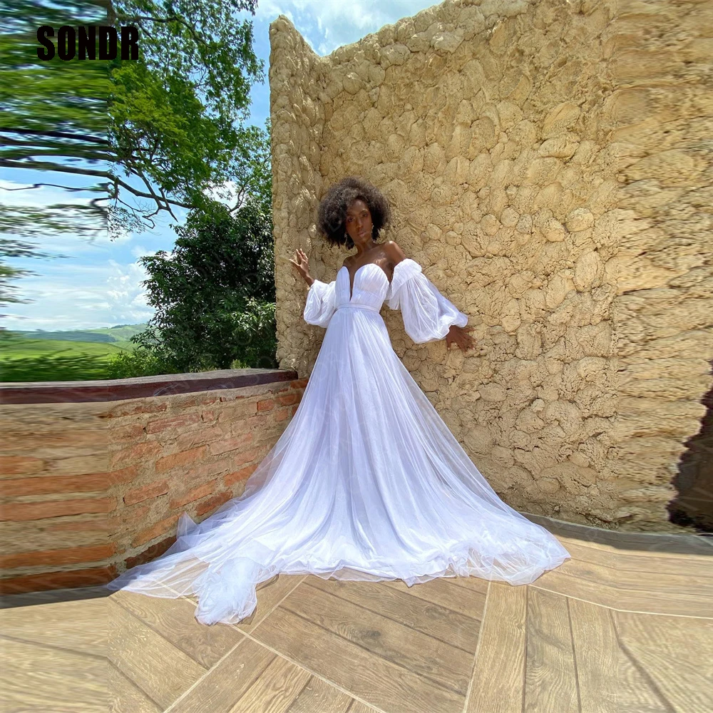 

SONDR Simple Chiffon Long Sleeves Wedding Dress 2023 A Line Sweetheart Princess Bride Bridal Gown Dress Vestidos De Noiva