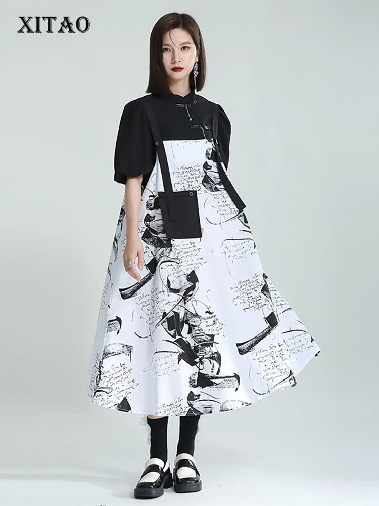 

XITAO Patchwork Print Loose Stand Collar Pullover Dress 2022 Summer New Arrival Casual Fashion Temperament All Match ZY6860