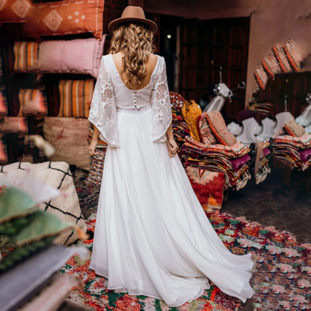Фото Boho Две части 3/4 Рукава-колокольчики Свадебное платье Кружева Индивидуальная линия Шикарная шифоновая юбка Плюс Размер Совок сзади Пляжные свадебные платья №5