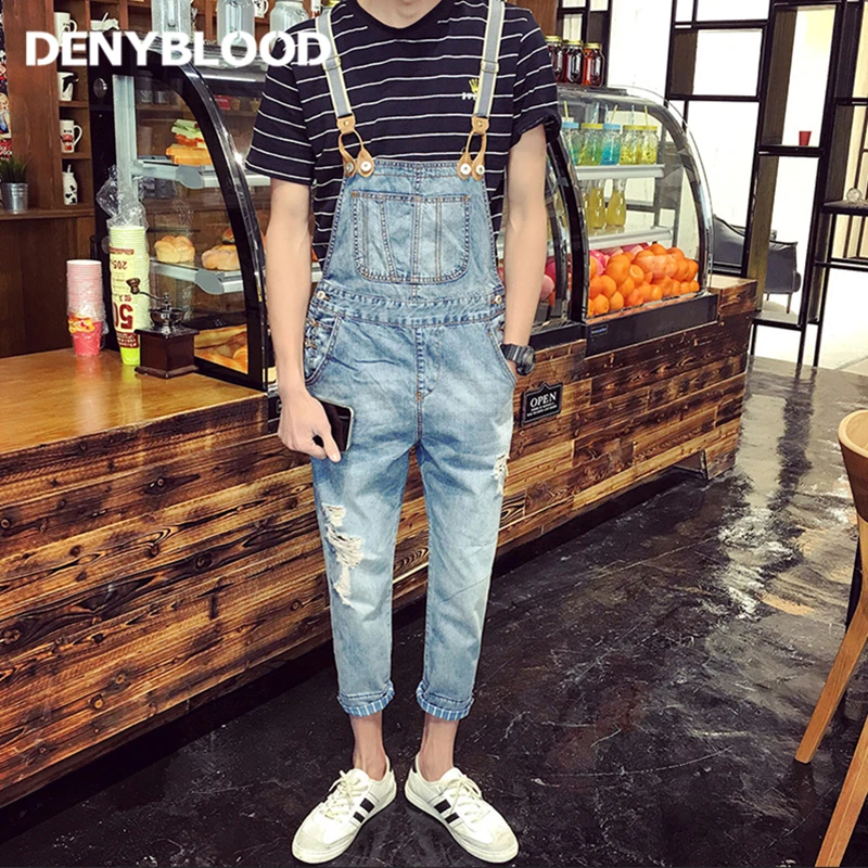 Mens Darked Wash Denim Overall Distressed Jeans Ripped Bib Pants Patchwork Jumpsuits Male Calf-length Jeans Pants 9381